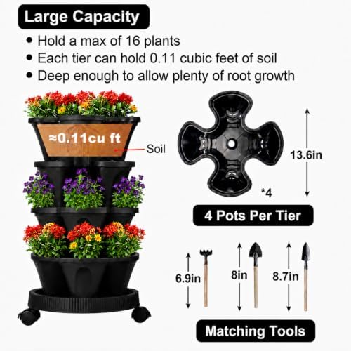 GameXcel Vertical Planter Tower - 4 Tier Stackable Garden Planters with Wheels and Tools Plant Pots for Strawberry Herb Flower and Vegetable Indoor Outdoor Use Black