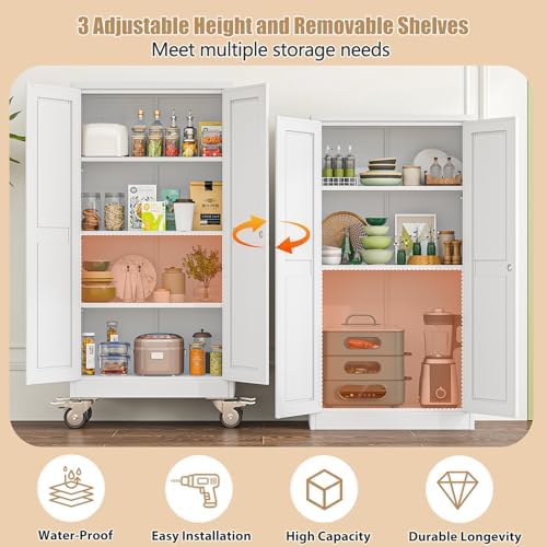 61" H Metal Pantry Storage Locker Cabinet with Wheels,Rolling Kitchen Pantry Cabinet with 2 Doors and 3 Adjustable Shelves, Lockable Steel Garage Tool Cabinet Organization for Home,Gym,School,White