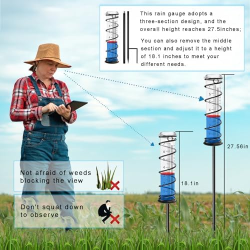 JMBay Upgrade Rain Gauge, Detachable Spiral Rain Gauge Outdoor, Rain Measure Gauge for Yard, Large Number Rain Water Meter, Thickened Plastic Rain Gauge with Stake and Metal Frame for Patio,Lawn