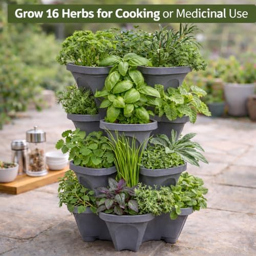 Vertical Garden Planter 4 Tier Stackable System 16 Plants, Space Saving Herb, Strawberry & Food Crop Planter with Center Support Hole for Indoor Outdoor Gardening (4, Slate Gray, Large)