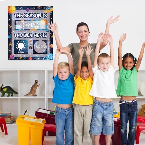 Outer Space Galaxy Season and Weather Calendar Bulletin Board Season Calendar Posters with Weather Cards Hook and Loop Dots for Classroom Wall Decor Preschool Kindergarten Student Teacher Supplies
