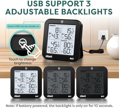 OBET Weather Station Wireless Indoor Outdoor Thermometer Wireless, Digital Temperature and Humidity Monitor with 3 Sensors, Adjustable Backlight, USB Port (500 Feet)
