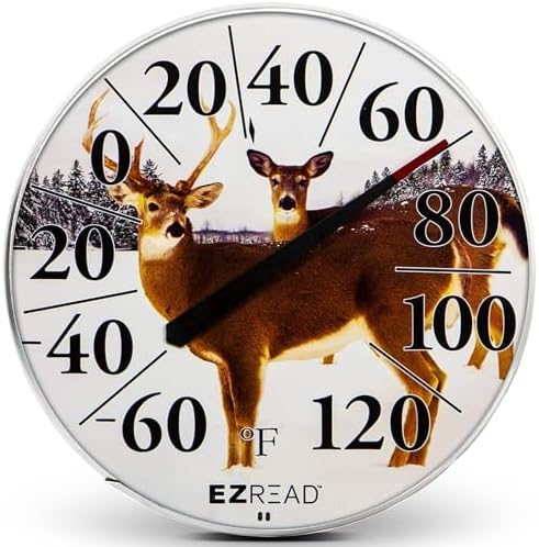 EZREAD Hanging Dial Thermometer 840-1226 Weather Thermometers for Indoor and Outdoor Use, Large 12.5 Inch Diameter, Easy to Read Numbers, Deer