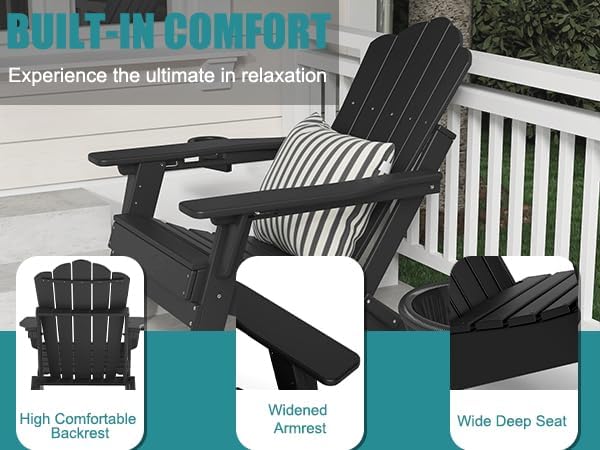 FOOWIN Adjustable Adirondack Chair, Folding Adirondack Chair with Cup Holder, HDPE All-Weather Fire Pit Chair with 3 Recline Positions, Suitable for Patio, Garden, Backyard, Poolside, Grey