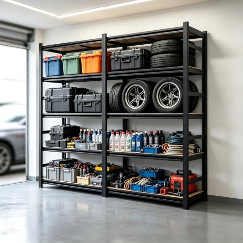 Garage Shelving, 3000 LBS Heavy Duty Metal Storage Shelves with Anti-Fall Rails, 5-Tier Adjustable Wooden Storage Rack for Garage, Warehouse, Basement, 27.6" Wx 11.8" Dx 63.0" H