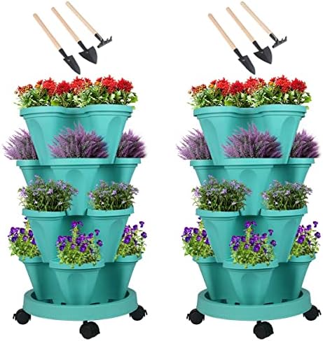 GameXcel Vertical Planter Tower - 4 Tier Stackable Garden Planters with Wheels and Tools Plant Pots for Strawberry Herb Flower and Vegetable Indoor Outdoor Use Teal 2 Pack