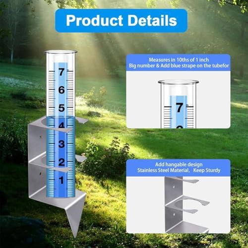 Glass Rain Measuring Gauge - Outdoor Weather Collector Stake, Reusable Snow Reader | Freeze Resistant Observation Tool with Markings for Lawn Yard Patio Garden Pathway, Outdoor, Portable with Proof