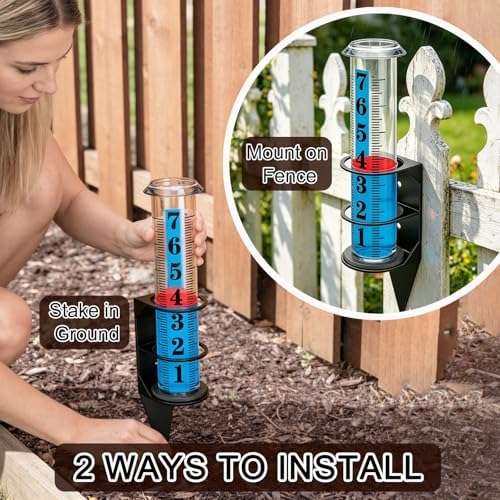 YZDTECH Rain Gauge Outdoor, 7" Easy to Read Rain Measure Gauge with Red Float, Rain Gauges Outdoors Best Rated with Metal Rack Holder, Large Freeze Proof Plastic Replacement Tube for Yard Garden