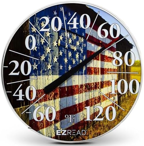 EZREAD Hanging Dial Thermometer 840-1232 Weather Thermometers for Indoor and Outdoor Use, Large 12.5 Inch Diameter, Easy to Read Numbers, American Flag on Barn