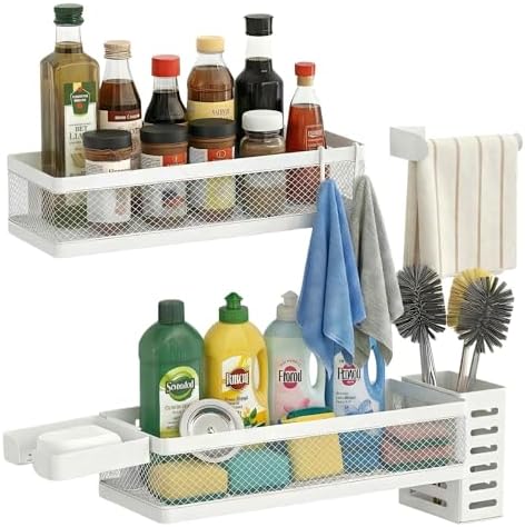 PUSDON 5-in-1 Wide Wall Mount Wrapped Mesh Kitchen Organizer & Shower Caddy Kit, with Paper Towel Holder, Utensil Holder, Soap Dish, Heavy Duty 50LBS - White, Netting