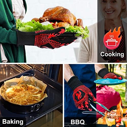 QUWIN BBQ Gloves, Oven Gloves 1472℉ Extreme Heat Resistant, Grilling Gloves Silicone Non-Slip Oven Mitts, Kitchen Gloves for BBQ, Grilling, Cooking, Baking-1 Pair… (One Size(Long Cuff), Red)
