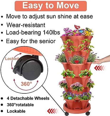 GameXcel Vertical Planter Tower - 6 Tier Stackable Garden Planters with Wheels and Garden Tool Set Plant Pots for Strawberry Herb Flower and Vegetable Indoor Outdoor Use Red