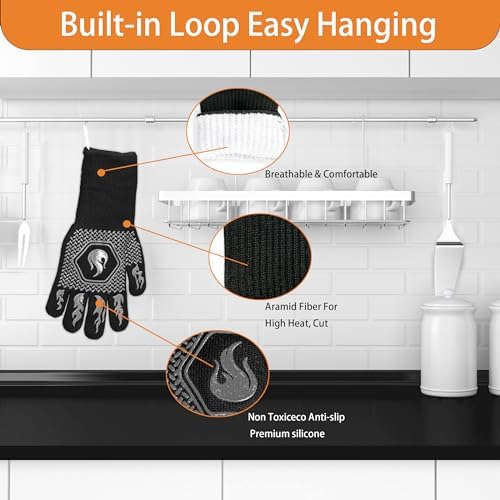 BBQ Gloves 1472F Heat Resistant Non-Slip Silicone 13.5in (Grey)