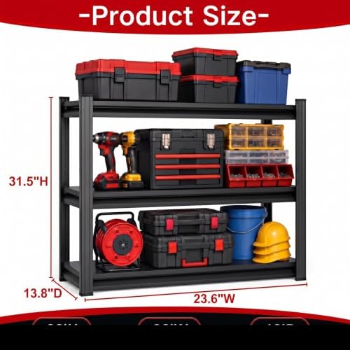 Garage Shelving, 1800 LBS Heavy Duty Metal Storage Shelves, 3-Tier Adjustable Storage Rack for Garage, Warehouse, Basement, 23.6" Wx 13.8" Dx 31.5" H