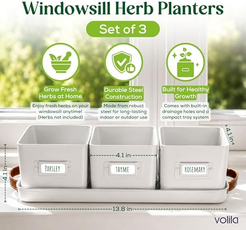 volila Herb Planter Indoor - Set of 3 Warmstone Indoor Herb Garden Pots for Plants with Leather Handled Tray - Window Sill Plant Shelf - Herb Pots with Drainage Holes and Labels