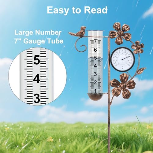 shumi Rain Gauge Outdoor with Thermometer, Decorative Bird Rain Gauge