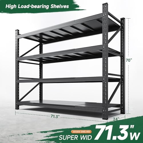Letaya 71.3" W Metal Storage Shelves,5000LBS Heavy Duty Garage Shelving Units, 4 Tier Adjustable Utility Rack Shelf,Large Industrial Shelves,for Shop,Warehouse,Black (71.3" W x 24" D x 70" H)