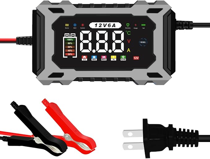 12V 6A Smart Battery Charger - Automotive Car/Motorcycle 12V Lead-Acid Battery Charger with LCD, Pulse Repair & Overcharge Protection