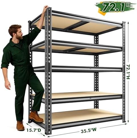 72.1" H Garage Shelving 2030LBS Garage Storage, 5 Tier Adjustable Metal Shelving, Heavy Duty Storage Shelves for Basement, Warehouse, Pantry, Kitchen, Commercial Shelving 35.5" W x 15.7" D, Black