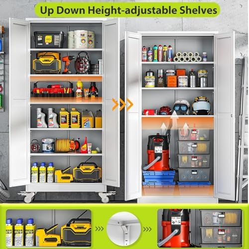 75-Inch Metal Garage Storage Cabinet with Wheels, Locking Doors and Shelves