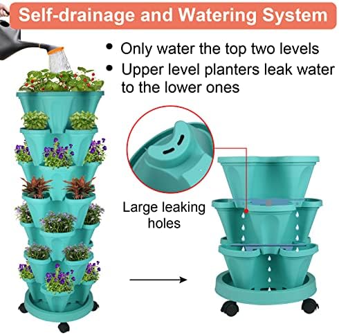 GameXcel Vertical Planter Tower - 7 Tier Stackable Garden Planters with Wheels and Garden Tool Set Plant Pots for Strawberry Herb Flower and Vegetable Indoor Outdoor Use Teal