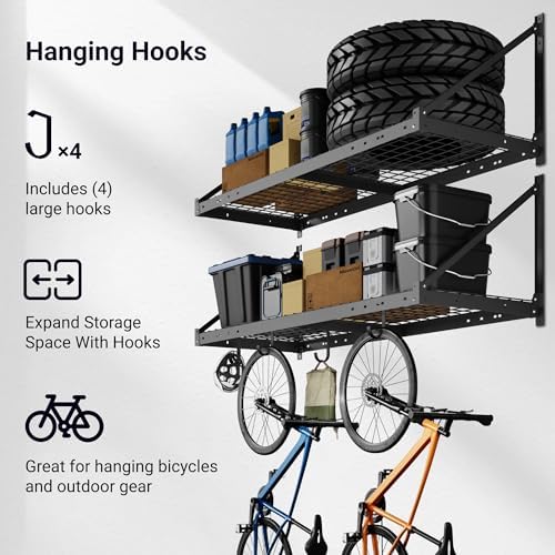 FLEXIMOUNTS 2-Pack 2x4 ft Garage Wall Shelving with 4 Hooks, Black