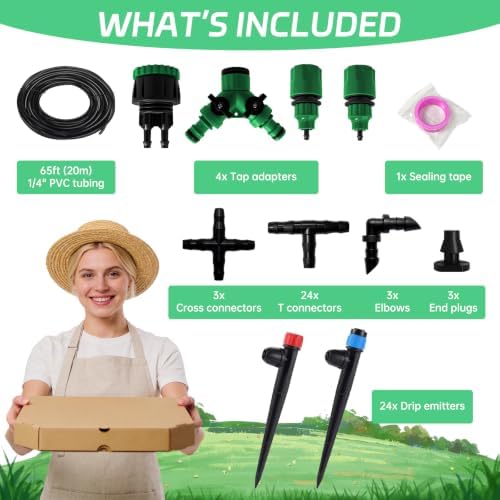 65Ft Drip Irrigation System Kit with 1/4 Inch Tubing for Garden
