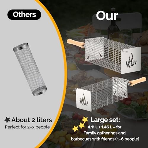 TNTOR Square Grill Basket, Larger 304 Stainless Steel Nesting Grilling Net, Removable Handle, BBQ Grilling Accessories Tools for Veg Shrimp, Outdoor Cooking Camping grilling gifts for men Dad Husband