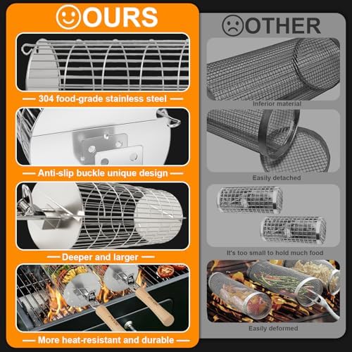 TNTOR Rolling Grill Basket, Larger 304 Stainless Steel Nesting Grilling Net, Removable Handle, BBQ Accessories Tools for Veg Shrimp, Outdoor Cooking Camping Father's Day grilling gifts for men Dad