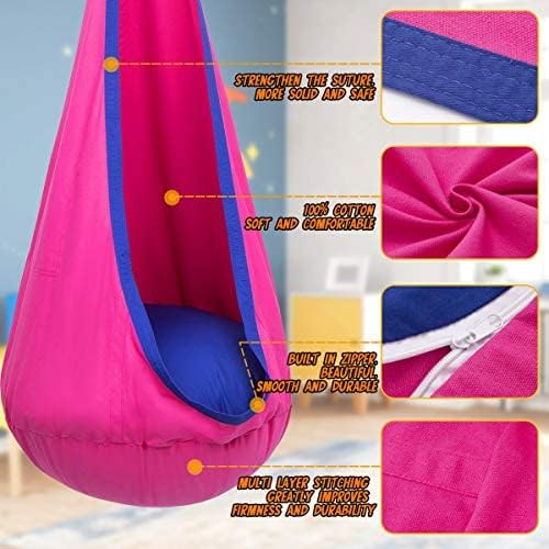 Y- STOP Kids Pod Swing Seat, Hanging Hammock Chair Swing with Inflatable Pillow, Sensory Swing Chair with Pocket for Outdoor and Indoor (Pink and Blue)