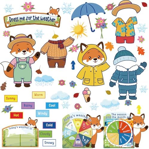 Gilprop 58 Pcs Dress for Weather Bulletin Board Set for Classroom, Fox