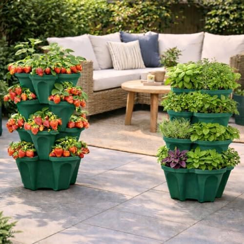 Large Vertical Planter Tower – 4 Tier Stackable Garden Planter, 16 Plant Sites, Commercial Grade Strawberry Planter, Heavy Duty Vertical Growing System with Center Support Hole (Deep Forest, Large)