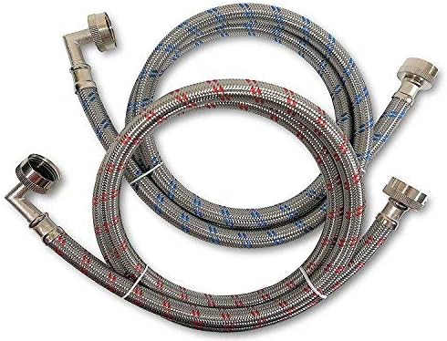 Premium Stainless Steel Washing Machine Hoses with 90 Degree Elbow, 5 Ft Burst Proof (2 Pack) Red and Blue Striped Water Connection Inlet Supply Lines
