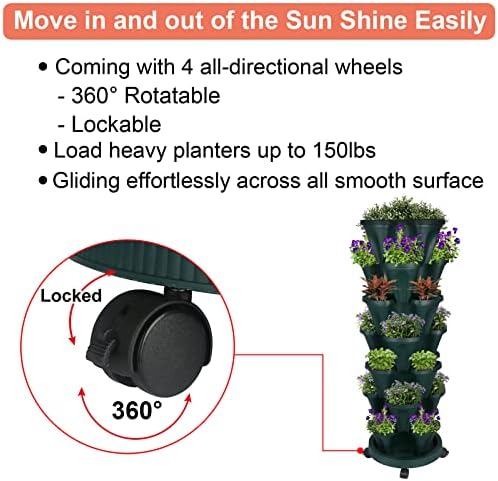 GameXcel Vertical Planter Tower - 7 Tier Stackable Garden Planters with Wheels and Tools Plant Pots for Strawberry Herb Flower and Vegetable Indoor Outdoor Use Green