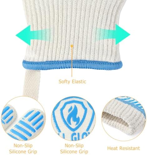 QUWIN BBQ Gloves, Oven Gloves 1472℉ Extreme Heat Resistant, Grilling Gloves Silicone Non-Slip Oven Mitts, Kitchen Gloves for BBQ, Grilling, Cooking, Baking-1 Pair… (Blue, One Size(Long Cuff))