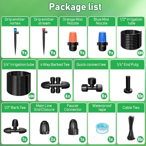 246FT Drip Irrigation System, Automatic Drip Irrigation Kit with 1/2" Main Tube & 1/4" Branch Tubing, Adjustable Drip Emitters, Garden Watering System for Flower Bed, Raised Beds, Lawn, Greenhouses