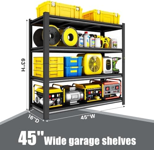45" W x 16" D x 63" H Heavy Duty Storage Shelves, 4 Tier Adjustable Garage Shelving Unit, Metal Organizer Shelf Utility Rack for Warehouse Pantry Closet Kitchen, Black