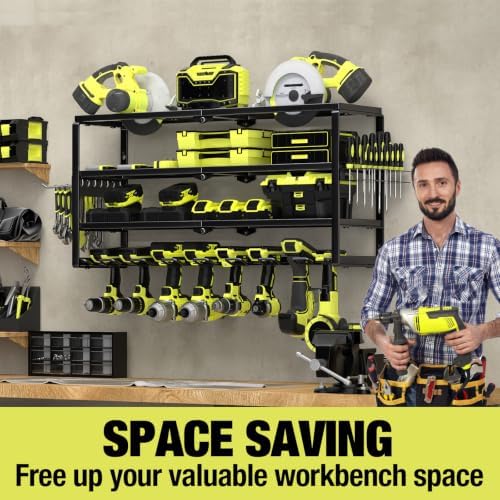 MOOMSINE 4 Layer Power Tool Organizer Wall Mount, Battery Tools Holder with Charging Station Shelf, Cordless Drill Hanger Storage Rack for Garage Organization, Workshop, Pegboard - 32 Inch 8 Slots