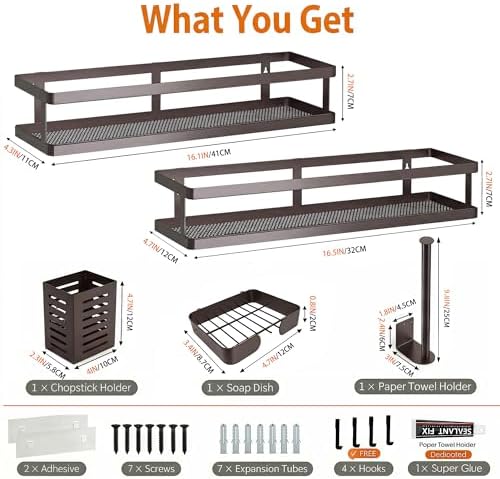 PUSDON 5-in-1 16.5" Extra Long Kitchen Organizer & Shower Caddy Set, Wall Mount Spice Rack with Paper Towel Holder, Utensil Holder & Soap Dish, Rustproof Mesh Storage Rack, Vintage Bronze, Guardrail