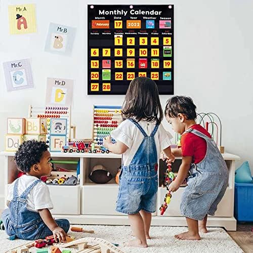 Calendar and Weather Pocket Chart Classroom,Monthly & Weather Pocket Chart,Monthly Calendar Pocket Chart with Cards for Classroom Supplies (Black)