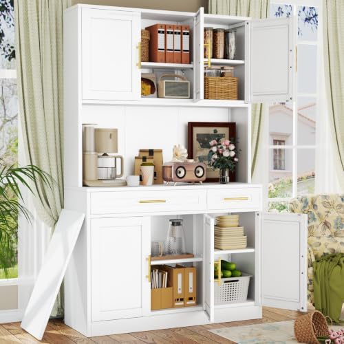 71"Large Metal Pantry Storage Cabinet with 2 Drawers,Farmhouse Wide Kitchen Pantry Storage with Adjustable Shelves,Tall Kitchen Hutch with Countertop for Dining Room and Living Room,Home Office,White