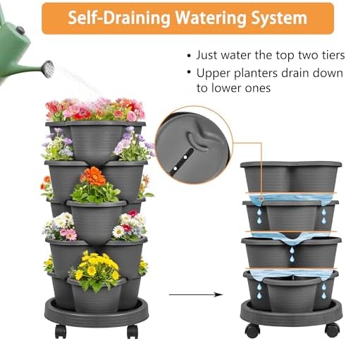 VECELO 5 Tier Vertical Garden Planter, Self Watering Stackable Planters with Wheels for Strawberries, Herbs, Flowers, Vegetables, Dark Gray