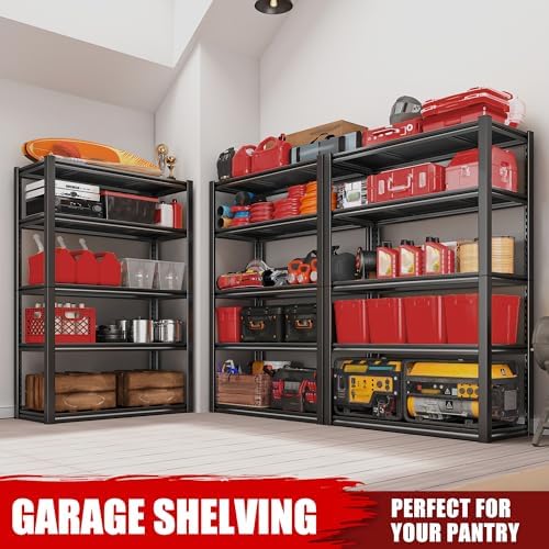 Raybee Storage Shelves 2000LBS Garage Shelving Heavy Duty, 5-Tier Adjustable Garage Shelves, Metal Shelving for Garage, Basement, Warehouse, Pantry, 72" H x 31.5" W x 16.5" D, 2PC, Black