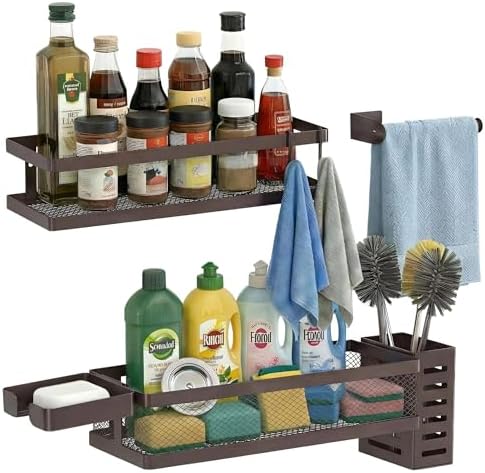 PUSDON 5-in-1 Shower Caddy & Kitchen Organizer Set, Wall Mount Wide Spice Rack with Paper Towel Holder, Utensil Holder, Soap Dish, Rustproof Mesh Baskets Hold 50LBS - Vintage Bronze, Guardrail