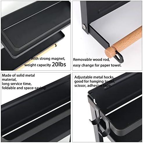 Magnetic Paper Towel Holder with Multi-Layer Storage Shelf, Stable Magnetic Organizer for Refrigerator, Garage Tool Cabinet and RV, Wall Mount Spice Rack and Paper Roll Hanger (Large- Black)