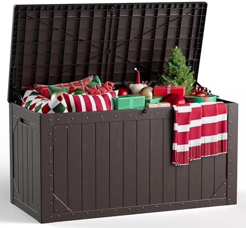 Outdoor Storage Box, 98 Gallon Deck Box, Outdoor Storage Bench, Waterproof Resin Storage Bench with Lockable Lid, Patio Furniture Cushions & Garden Tools Storage, UV Resistant (Brown)