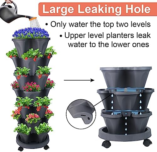 GameXcel Vertical Planter Tower - 7 Tier Stackable Garden Planters with Wheels and Tools Plant Pots for Strawberry Herb Flower and Vegetable Indoor Outdoor Use Dark Gray 2 Pack