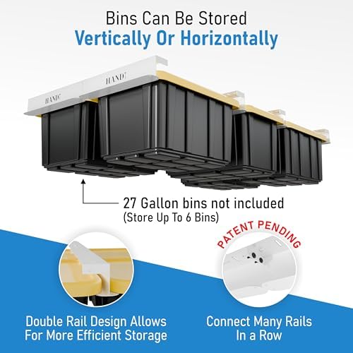 USA Based Overhead Garage Storage Rack, Connectable Heavy Duty Metal Ceiling Rails Garage Storage Organization Shelving System, Hanging Racks Tote Containers, Supports Up To 6 Bins, 4 Sets White