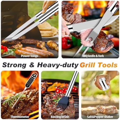 ROMANTICIST 26pcs Grilling Gifts for Men, Dad Gifts for Father's Day, Stainless Steel BBQ Grill Accessories Tools Set, Heavy Duty BBQ Utensils Kit with Apron, Thermometer, Mats in Aluminum Case Silver