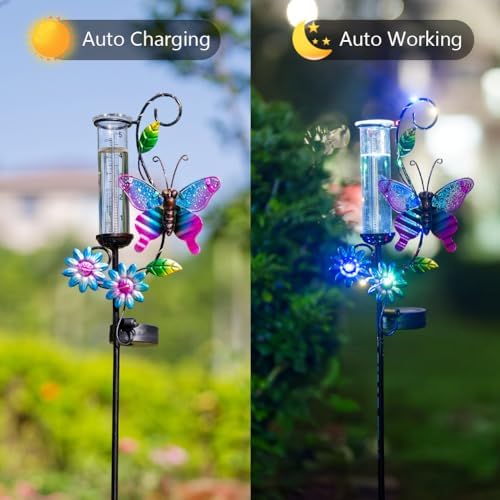 Solar Rain Gauge with 5-Inch Glass Tube, Butterfly Decor
